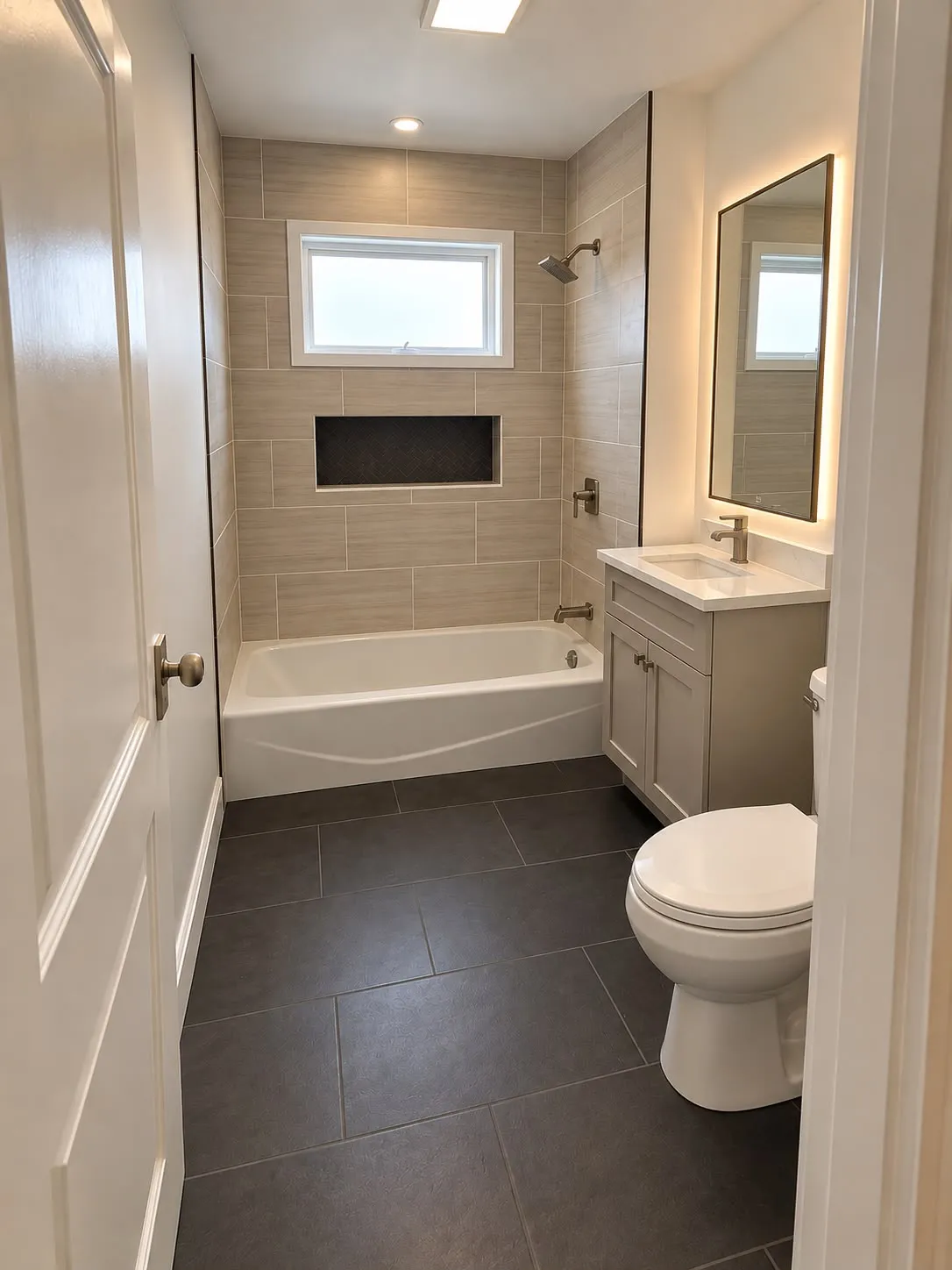 Tub surround in large-format tile with a window and a dark accent niche
