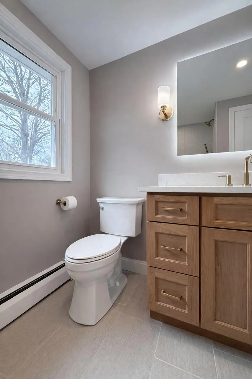 Custom wood vanity with quartz top and backlit mirror